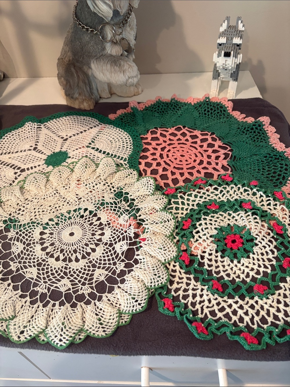 Handmade vintage Crochet Doily Set in Cream, Green & Pink